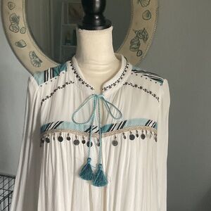 Chico's White Peasant Blouse with Teal Trim and Tassels